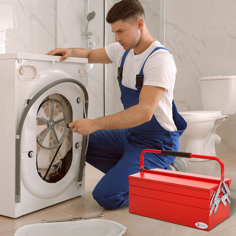 DURHAND Metal Tool Box 3 Tier 5 Tray Professional Portable Storage Cabinet Workshop Cantilever Toolbox with Carry Handle, 56cmx20cmx34cm, Red