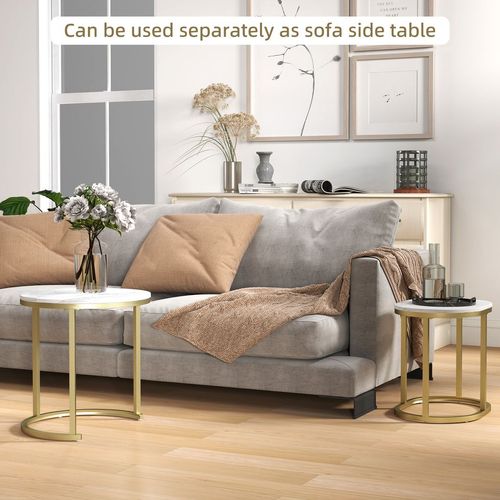 HOMCOM 2 Pcs Coffee Table with Faux Marble Side Accent Tables White