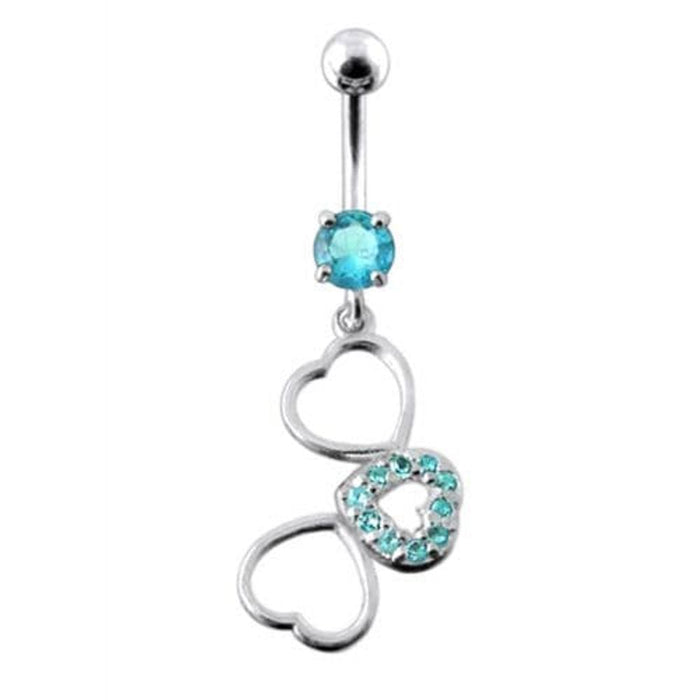 Fancy Jeweled Multi Heart Dangling SS Curved Navel Ring