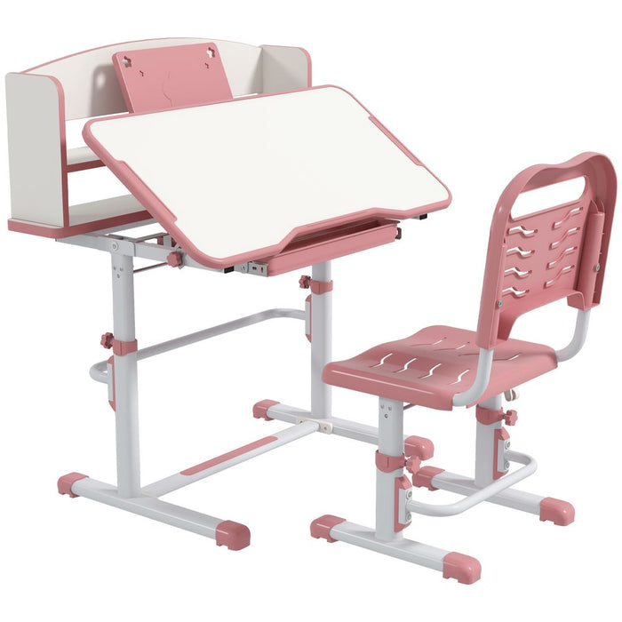 ZONEKIZ Height Adjustable Kids Desk and Chair Set, with Drawer, Bookshelf, Pink