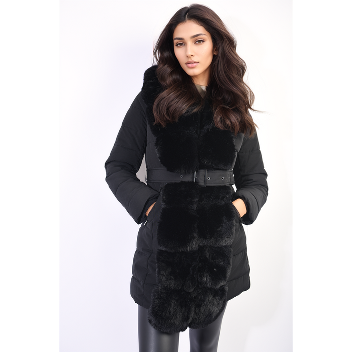 Padded Faux Fur Trim Longline Coat