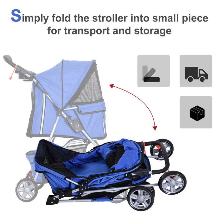 PawHut Pet Stroller for Small Dogs Cats Foldable Travel Carriage with Wheels Zipper Entry Cup Holder Storage Basket Blue