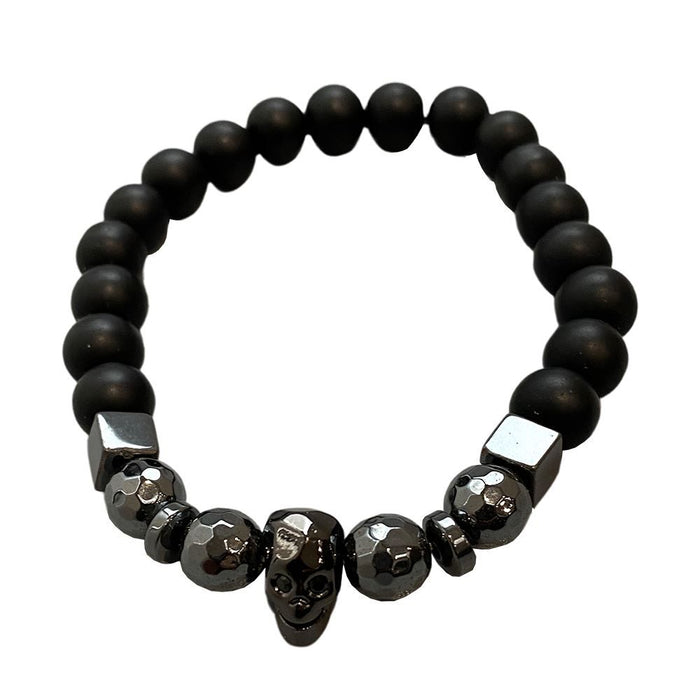 Edgy & Bold Skull Bracelet: Metallic Charm, Hematite, Lava & Wood Beads - Make a statement with our unique accessory!