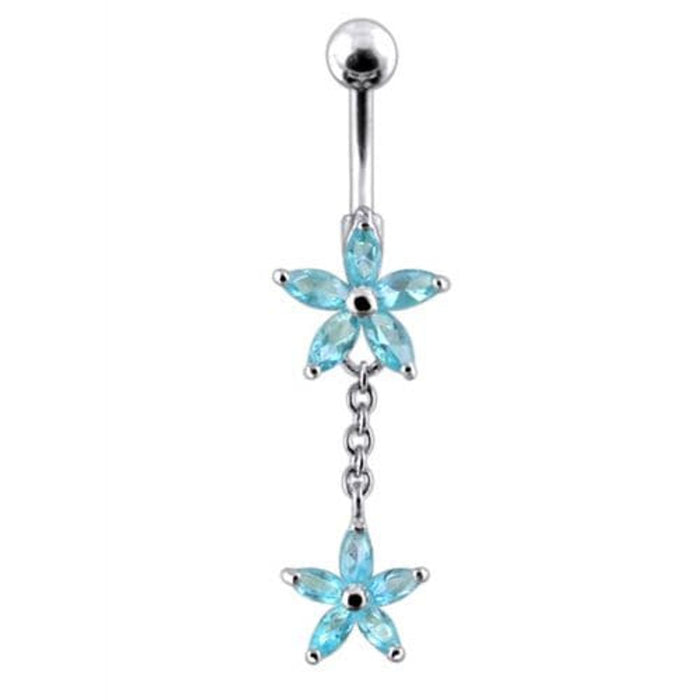 Fancy Jeweled Double Flower Dangling SS Banana Bar Navel Ring