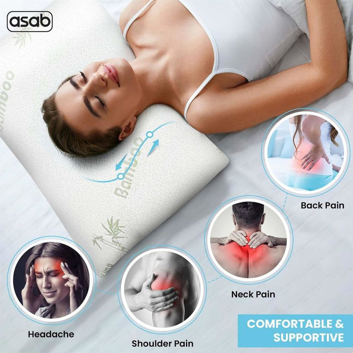 Bamboo Memory Foam Pillow - Pack of 2, Hypoallergenic, Thermal Regulation. Best Quality, Relieves Head & Neck Pain. AS-61478