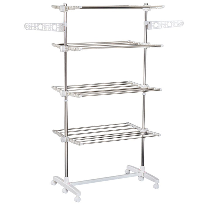 4 Layers Folding Cloth Hanger Stand Rail W/Wheels-White/Silver