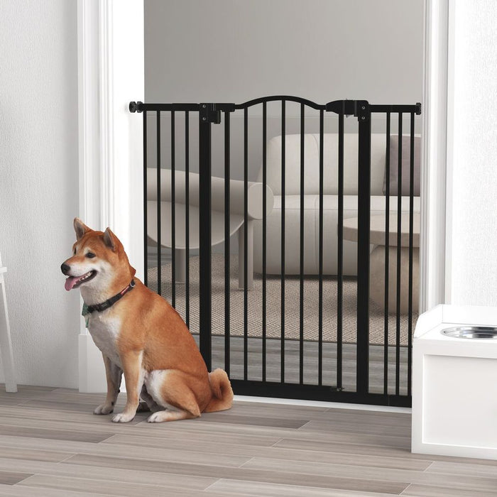 PawHut Adjustable Metal Pet Gate w/ Auto-Close Door - 74-100cm, Black