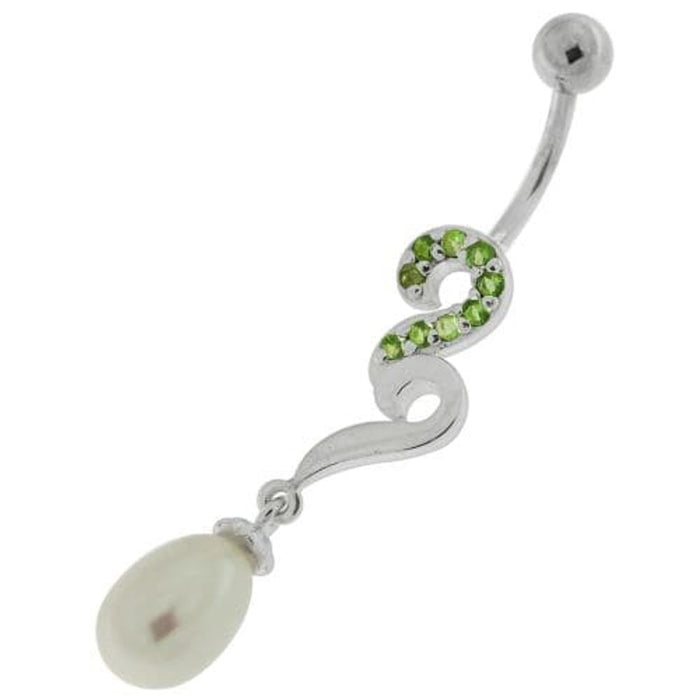 Pearl Jeweled Fancy Silver Dangling Banana Bar Navel Belly Ring