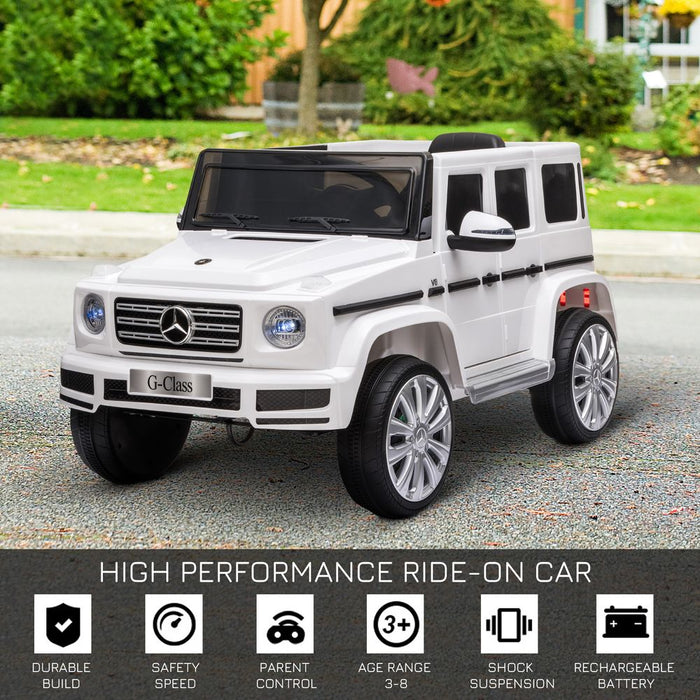 HOMCOM Mercedes Benz G500 Licensed 12V Kids Electric Ride On Car Toy with Parental Remote Control Battery-powered 2 Motors Music Lights MP3 for 3-8 Years Old White