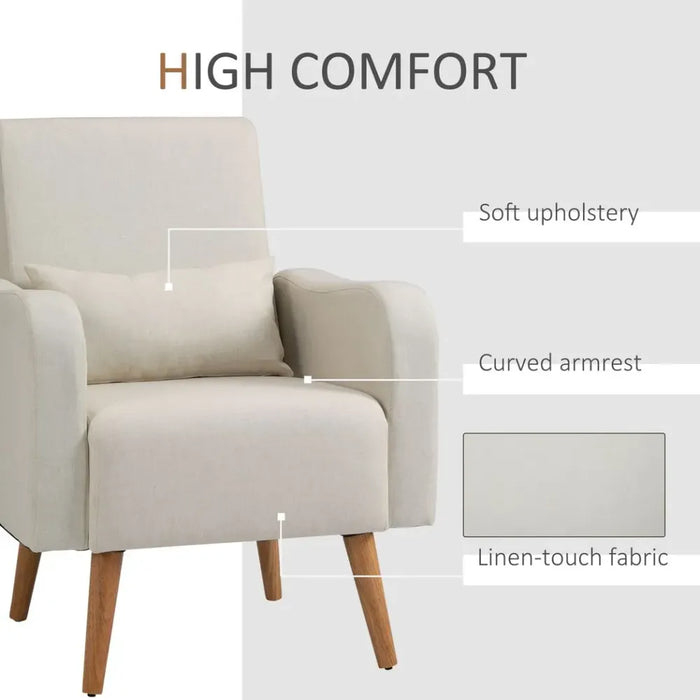 Nordic Armchair Linen-Touch Sofa Chair with Cushioned Pillow & Wood Legs Cream