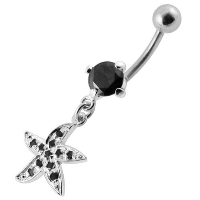 Jeweled Silver Fancy Star Dangling SS Banana Belly Ring 