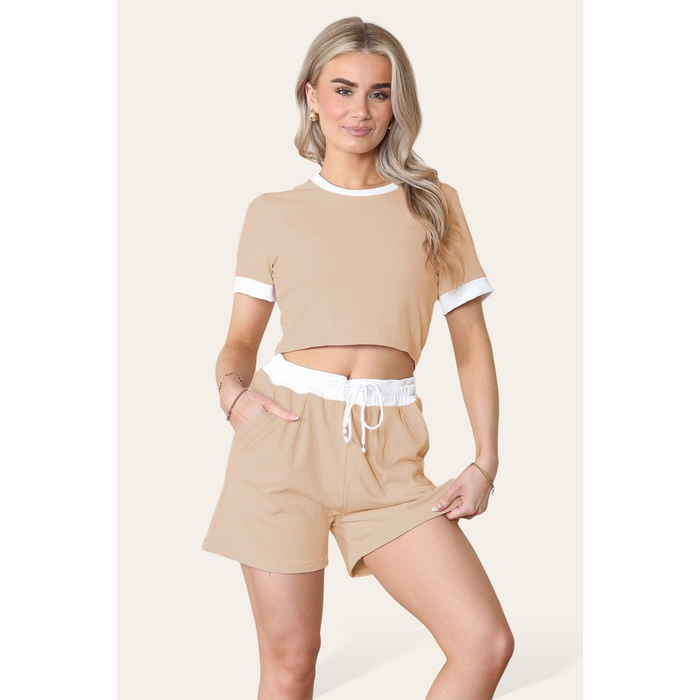 Ribbed Contrast Waistband Top and Short Set