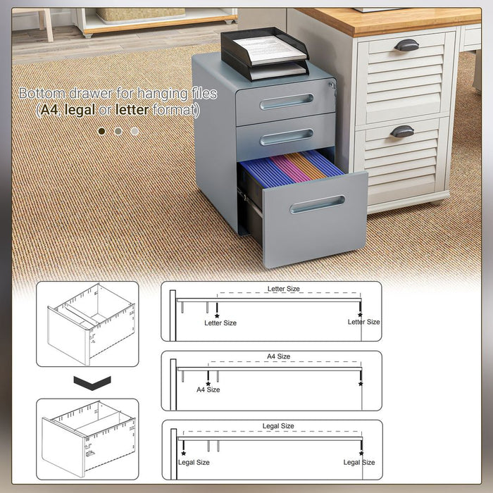 Vinsetto 3 Drawer Steel Filing Cabinet - Modern, Portable, Lockable - Grey