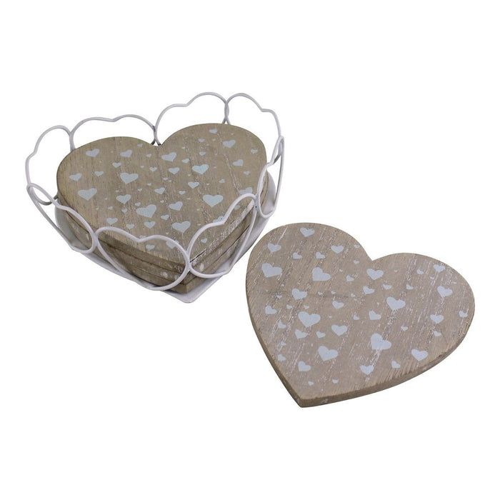 Premium Heart Shaped Coasters Set in Wire Holder - Set of 4 - MDF with Veneer