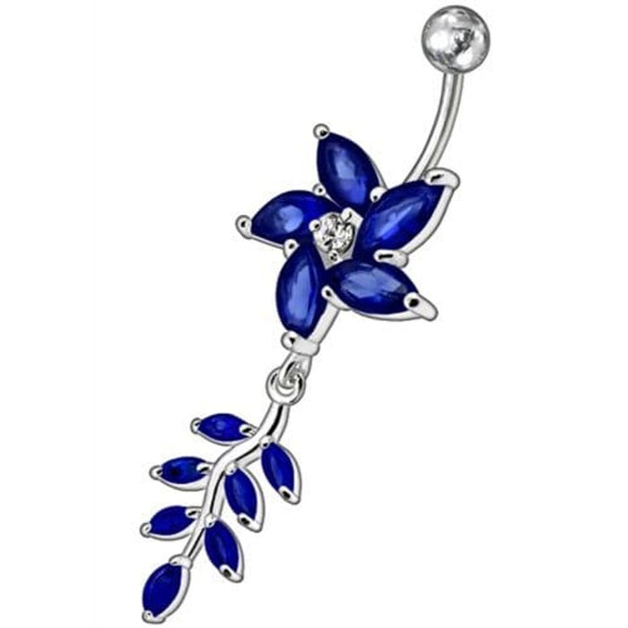 Fancy flower With Leafs Jeweled Silver Dangling Banana Belly Ring