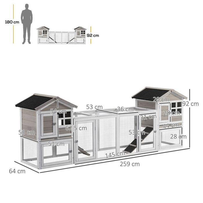 Premium 2-in-1 Wooden Rabbit Hutch w/ Double House, Run Box, Slide-Out Tray, Ramp