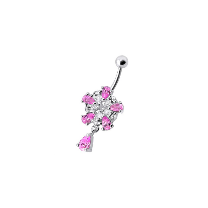 Jeweled Fancy Silver Flower Dangling Banana Bar Navel Belly Ring