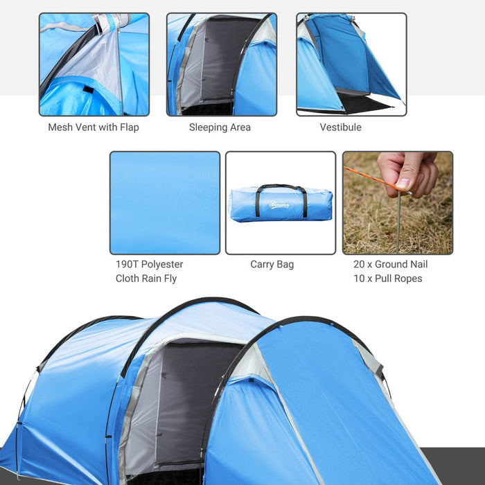 Outsunny 3-Man Camping Tent - 2 Rooms, Porch, Vents, Rainfly, Weather-Resistant