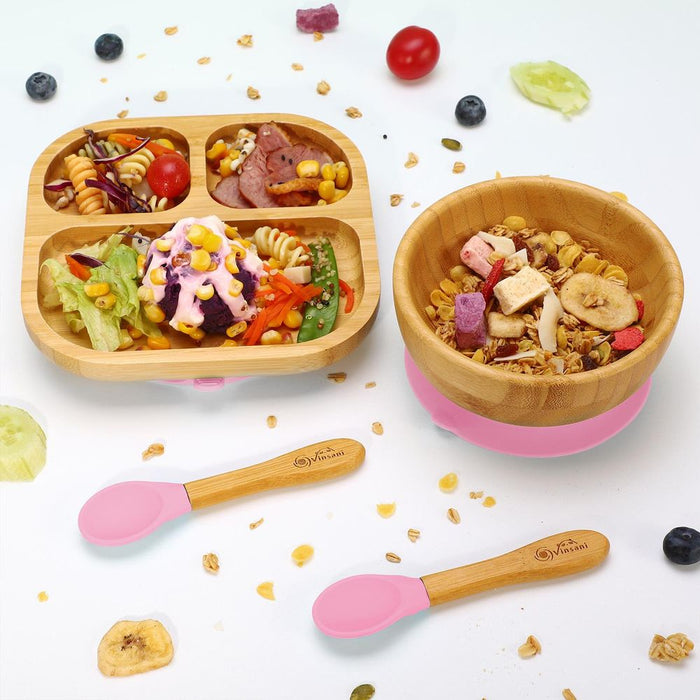 BPA-FREE BAMBOO BOWL & PLATE SET: Suction Base, Easy Clean, Anti-Scalding - Perfect for Balanced Meals!