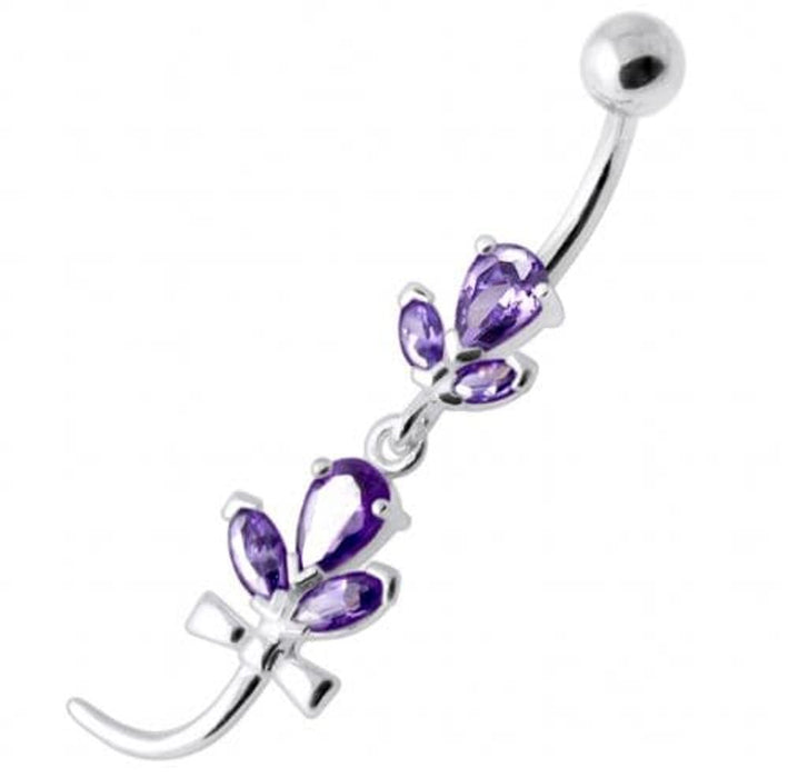 Tri Gems with tail Dangling Silver Belly Ring