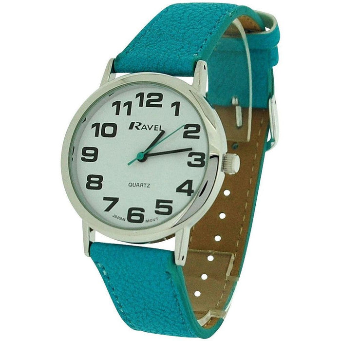 Title (80 characters): "Ravel Unisex Classic Big Dial Blue Leather Strap Watch R0105.13.16A