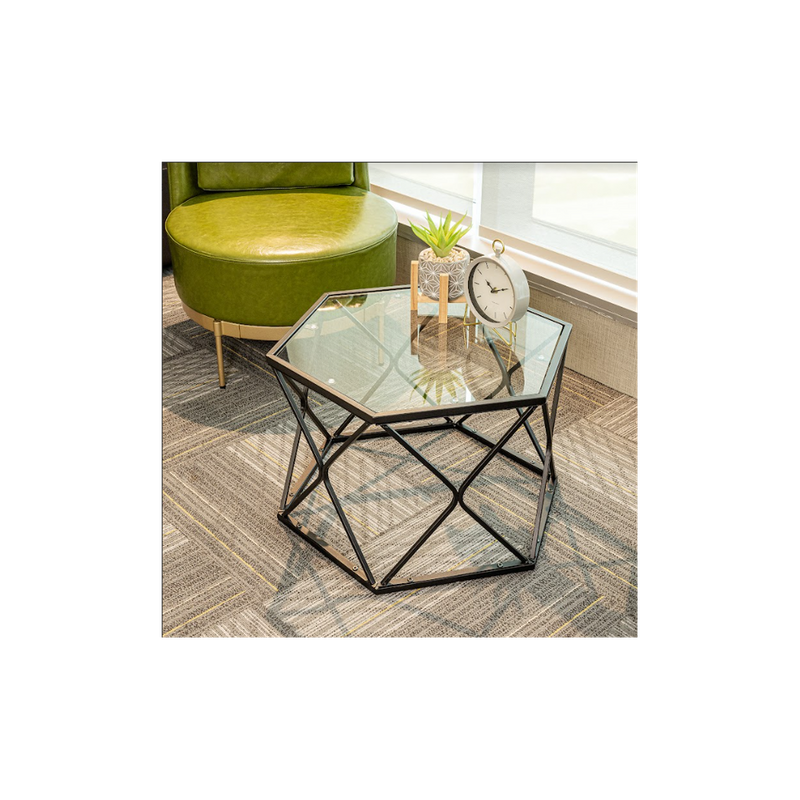 Premium Hexagon Black Coffee Side Table - Sleek Design, Tempered Glass Top