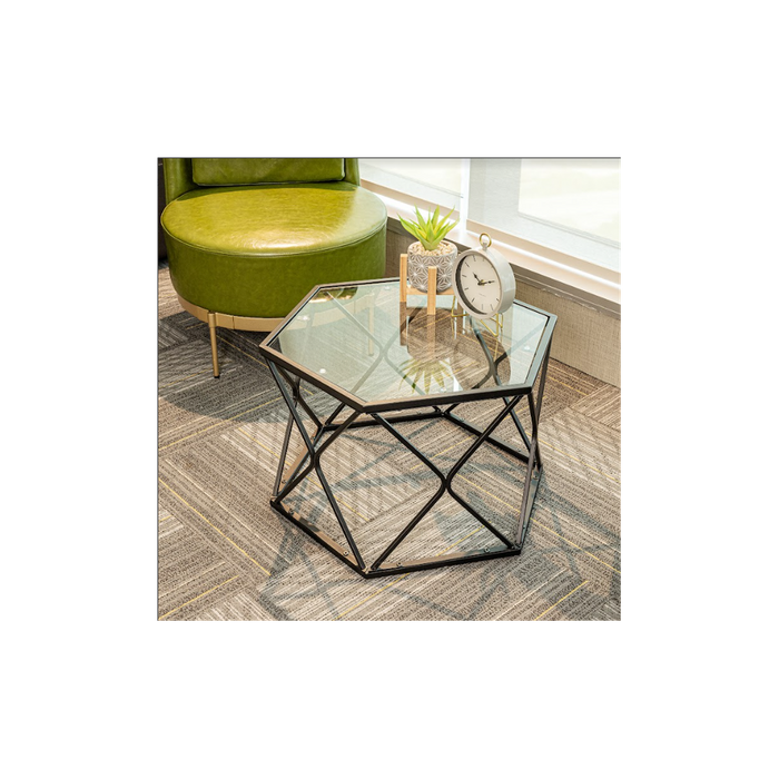 Premium Hexagon Black Coffee Side Table - Sleek Design, Tempered Glass Top