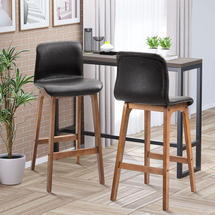 Set of 2 Faux Leather High Back Bar Stools 93cm Wooden Frame Footrest Padding Brown