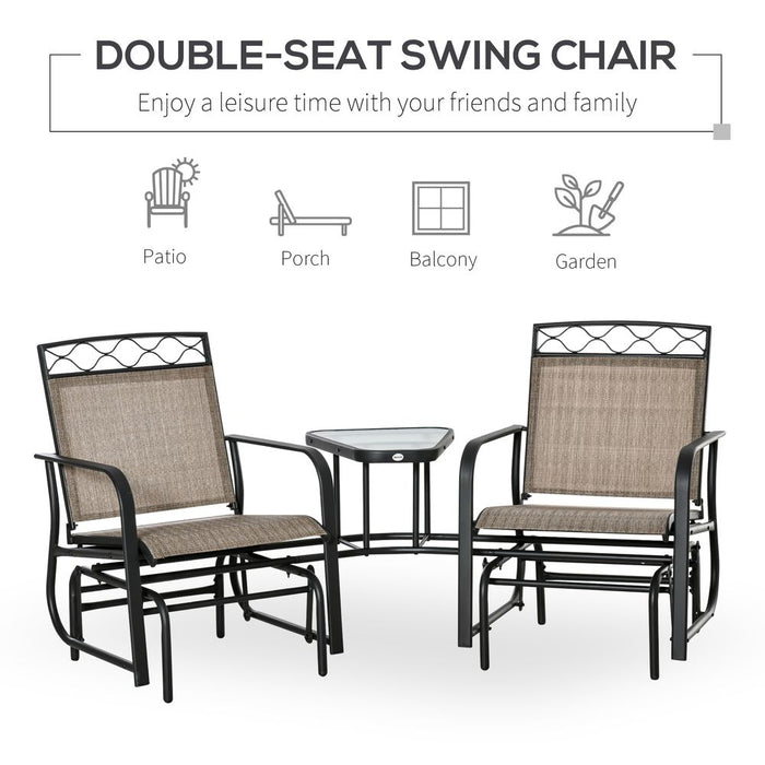 Glider Chair, 2 Seater Patio Rocking Chairs, Tempered Glass Table, Brown