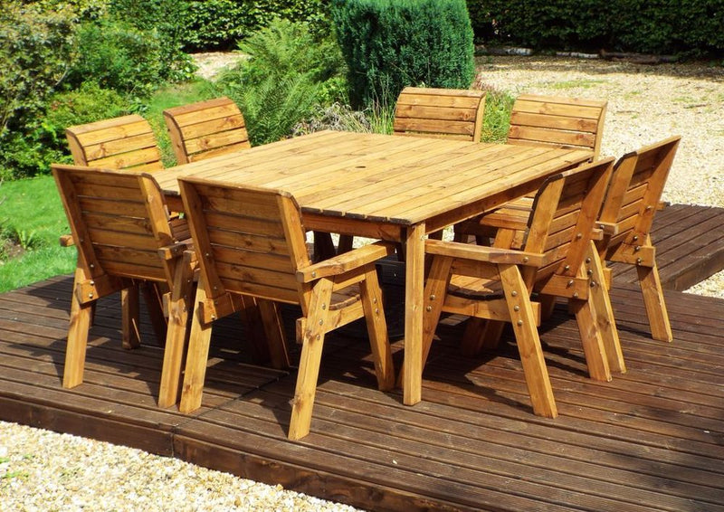 Outdoor Eight Seater Table Set - Solid Wood, Armchairs, Large Square Table, FSC Certified, Rot Free Guarantee