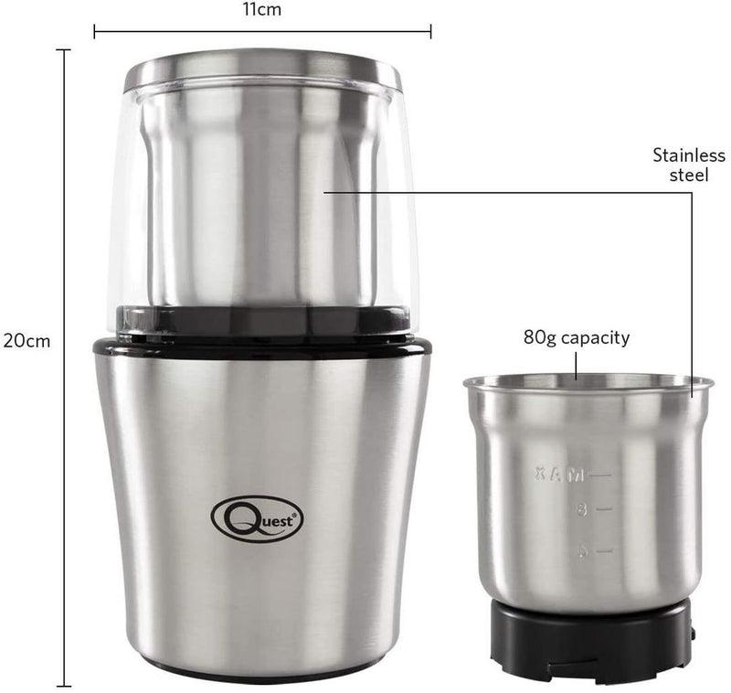 Quest Comp. SS Electric Grinder, 80g, 200W, 20x12x12cm. High-Quality, Versatile. 2 Cups Incl. Anti-Slip Feet. #1 Seller.