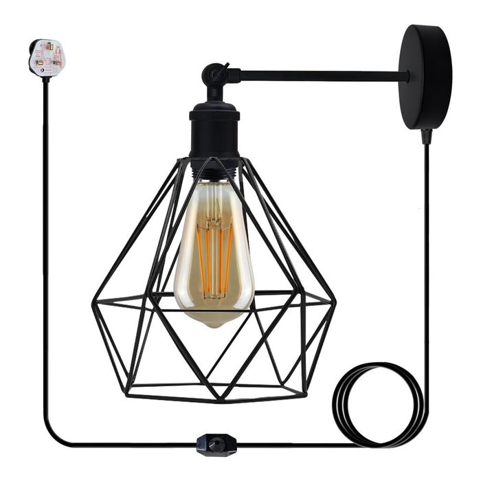 Modern Industrial Black Loft Metal Plug in wall Lamp Shade Wire Cage 4m Rapper cable with dimmer switch