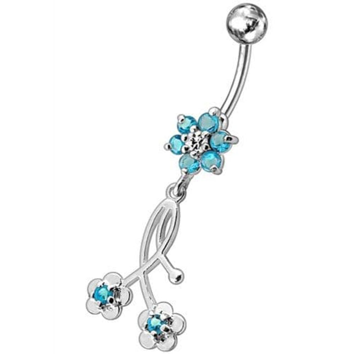 Fancy Long Flower With 2 Small Flower Jeweled Dangling Navel Ring