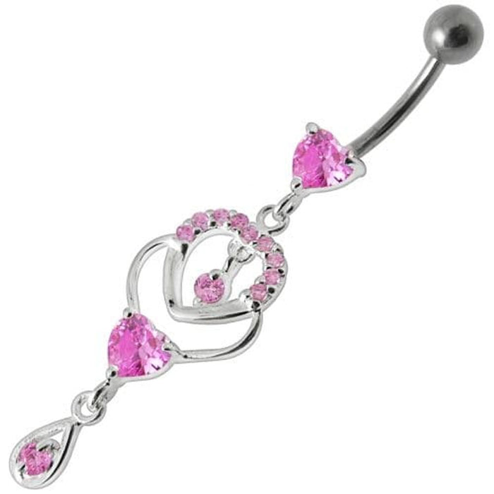 Fancy Jeweled Dangling Heart With Banana Bar Belly Ring Body Jewelry