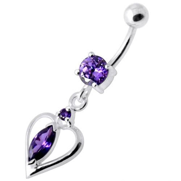 Center Jeweled Heart Silver Navel Ring