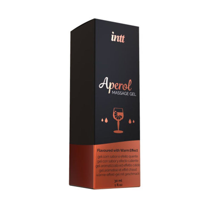 Intt Massage Gel - Aperol Flavour"
Description: "Kissable gel for massage, oral sex, and more. Double warming and cooling sensation. Cruelty-free. Travel-friendly 30ml bottle.