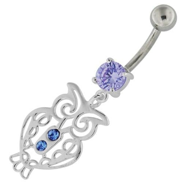 Sterling Silver Jeweled Owl Navel Belly Button Bar