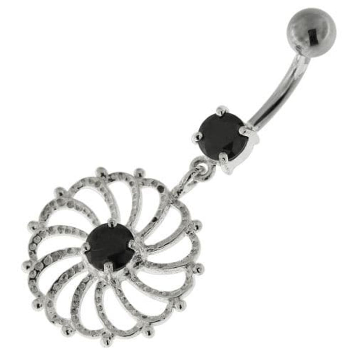 Sterling Silver center Jeweled Swirl Cut out Navel Bar