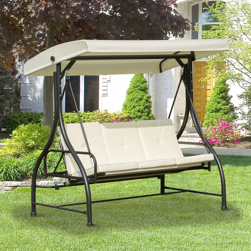 Outdoor Swing Chair - 185L*125D*173H cm - Beige/Black - Metal Frame - Canopy - Cushions - 3 Person Seating - High Load Capacity - Assembly Required