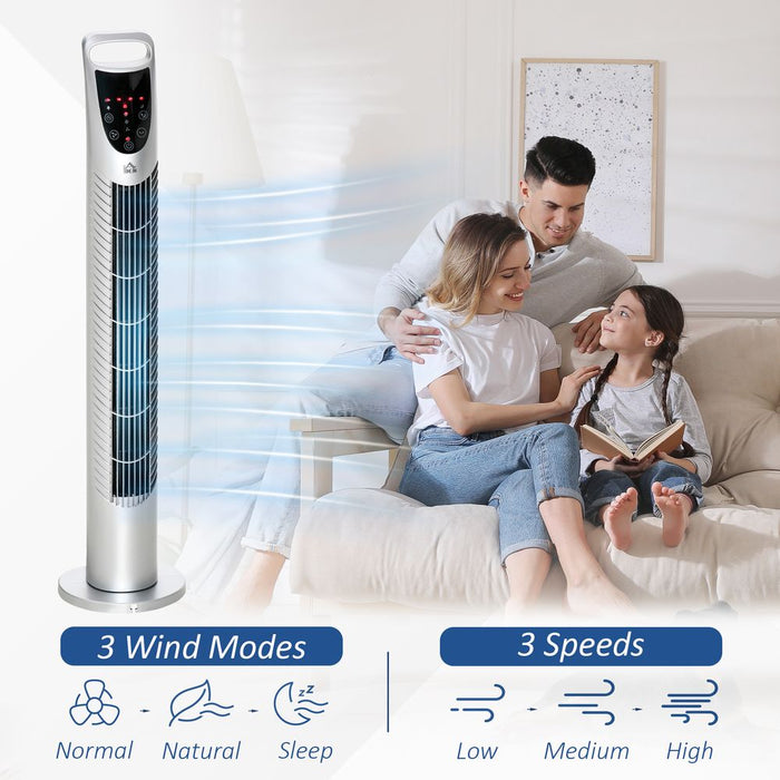 40W Wind Speed Adjustable ABS Quiet Oscillating Tower Fan w/ Remote Silver