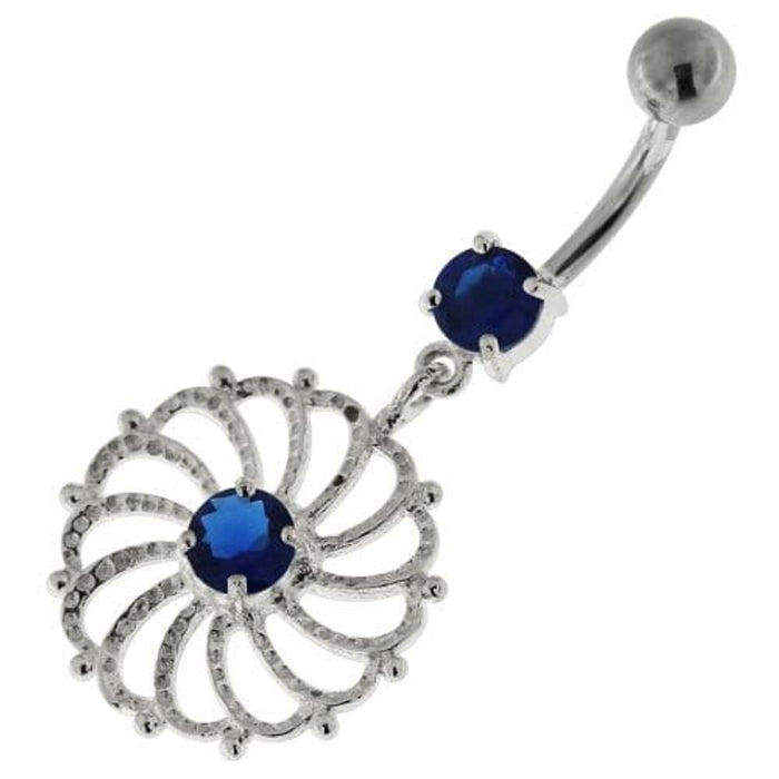 Sterling Silver center Jeweled Swirl Cut out Navel Bar