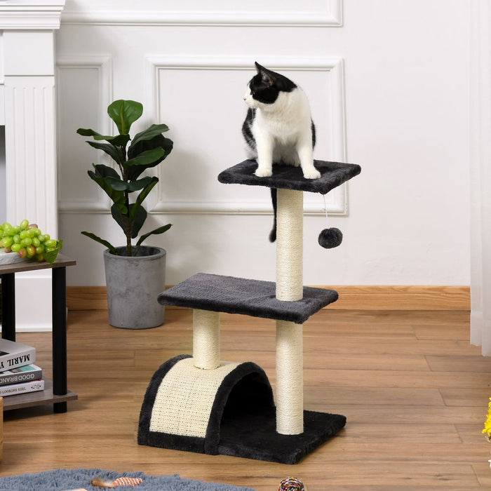 PawHut Cat Tree Tower for Indoor Cats, 72cm Climbing Activity Centre w/Sisal Scratching Post, Pad, Arc Perch, Hanging Ball, Toy - Black