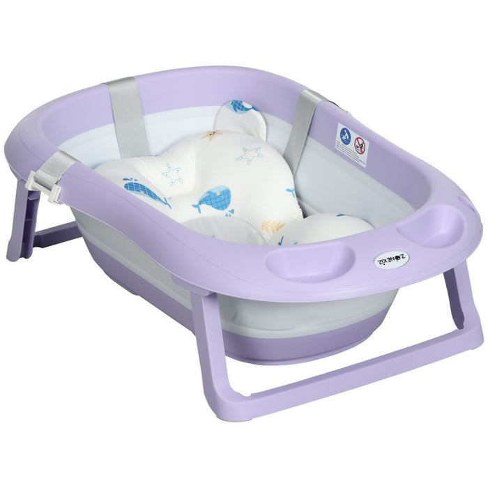 Foldable Baby Bathtub w/ Non-Slip Support Legs, Cushion, Shower Holder - Purple