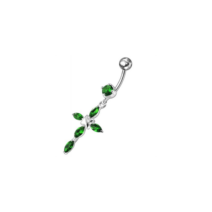 Jeweled Fancy Silver Flower Dangling SS Bar Banana Belly Ring