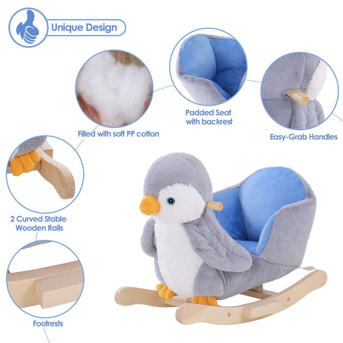 Animal Baby Rocking Horse Penguin Plush Musical Button - 32 Songs, Wood Frame