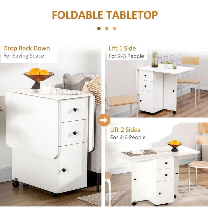 Folding Dining Table, Drop Leaf with Storage Drawers White - Space Saving Design, Expandable, 4-6 People Capacity