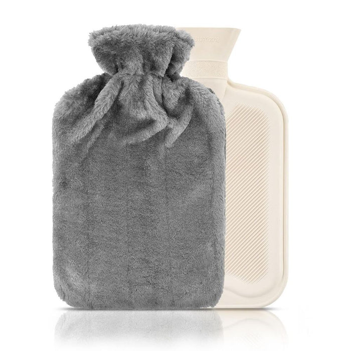 Cozy & Warm Fluffy Pom Pom Hot Water Bottle - 2L GREY - Durable Ribbed Design - Thermotherapy Heat Pad - Cosy Velvety Cover