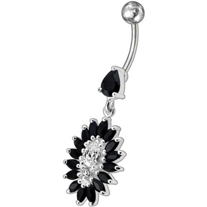 Jeweled Dangling Fancy  Glitter Flower SS Banana Bar Belly Ring Body Jewelry