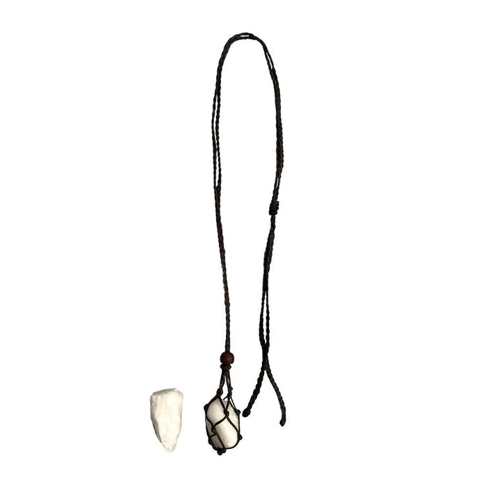 Macrame Necklace, White Agate Tumbled, with White Agate Rough Cut