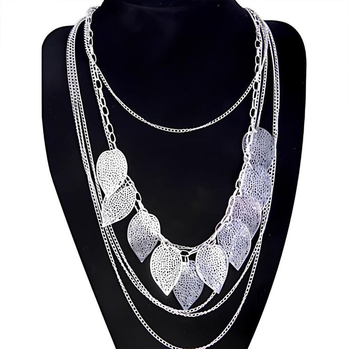 Aquarius Silver Leaves Pendant Necklace - Multi Layer Chain, Elegant Jewelry for Women